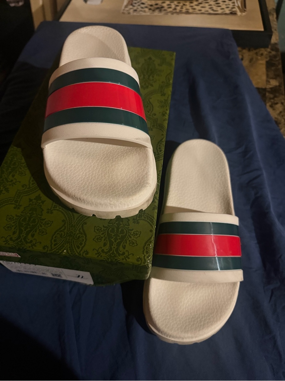 Gucci White Slides with Red and Green Stripes